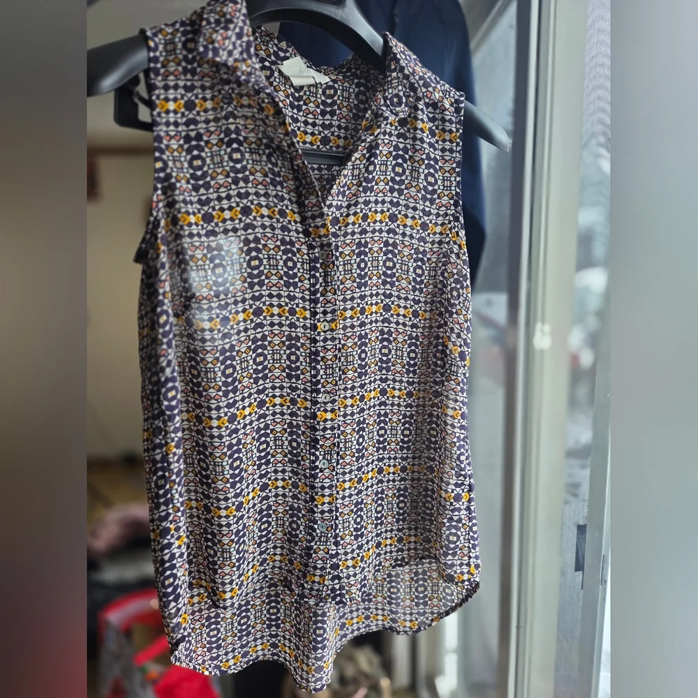 H&M Sheer Mosaic Boho Blouse Yellow & Blue Tile - Picture 3 of 9
